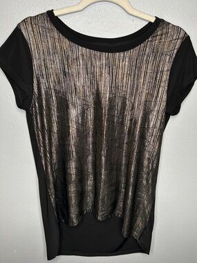 New Directions Black Top with Metallic Bronze and Silver-Striped Front. Size S